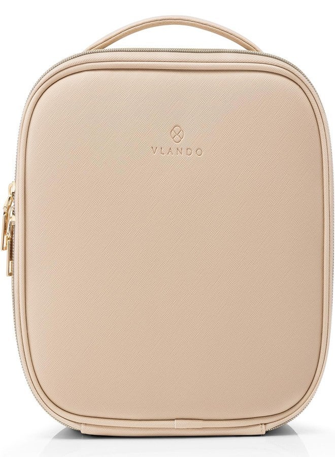 Vlando Travel Makeup Bag, Large Capacity Cosmetic Bag for Women PU Leather Makeup Case Organizer Portable Make up Bag with Dividers and Handle for Girls,Wedding,Makeup Brushes Milk Tea - Image 1